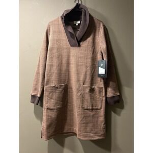 Tuckernuck Womens Brown Plaid Shawl Collar Shift Dress Sz Med L/S Elbow Patch